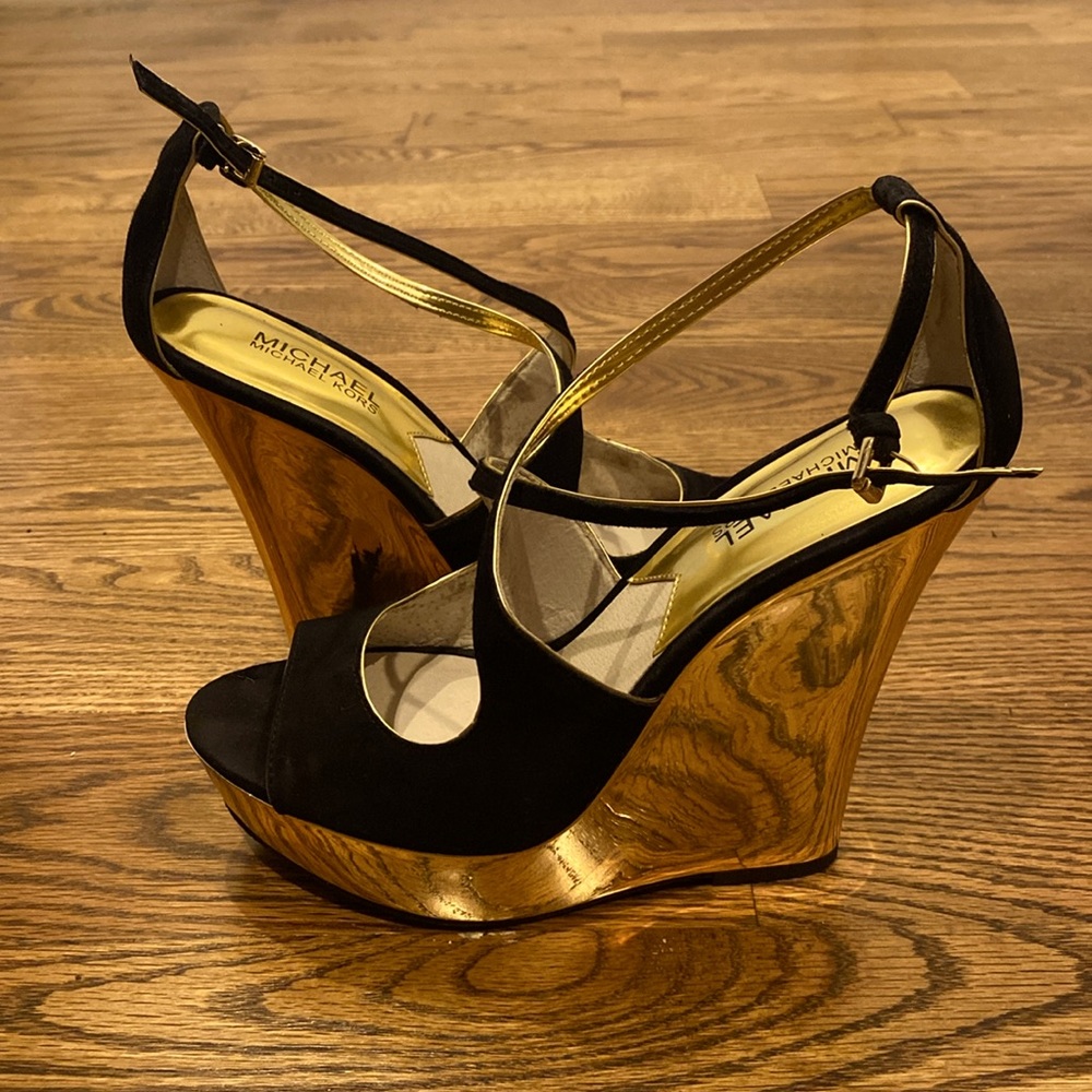 Michael Kors black and gold high wedge heel shoes with ankle strap size 8.5.